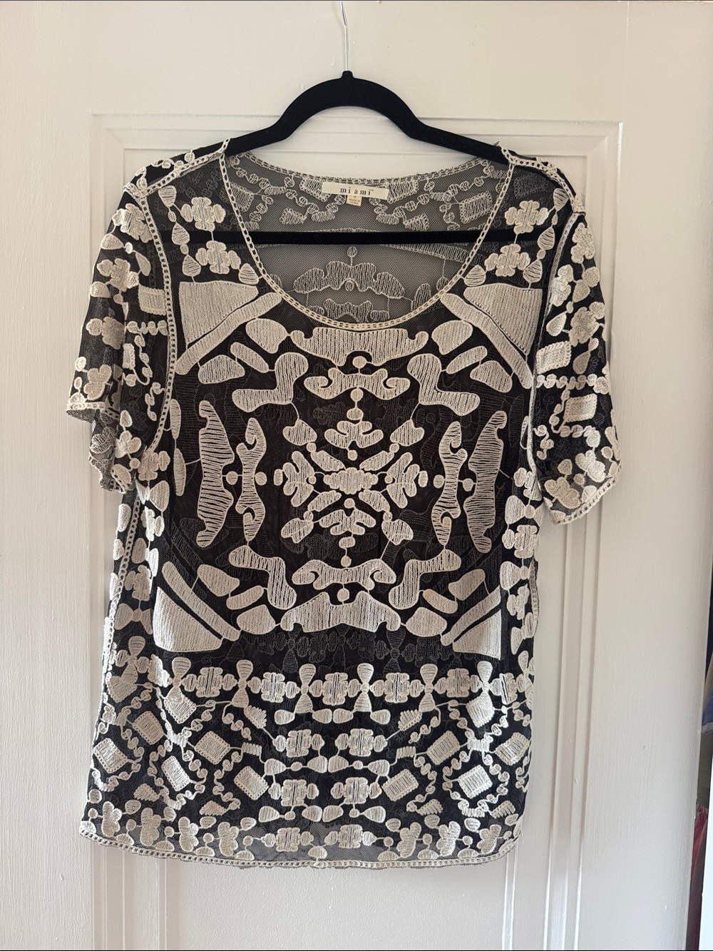 miami Black Top with Cream Embroidered Motifs